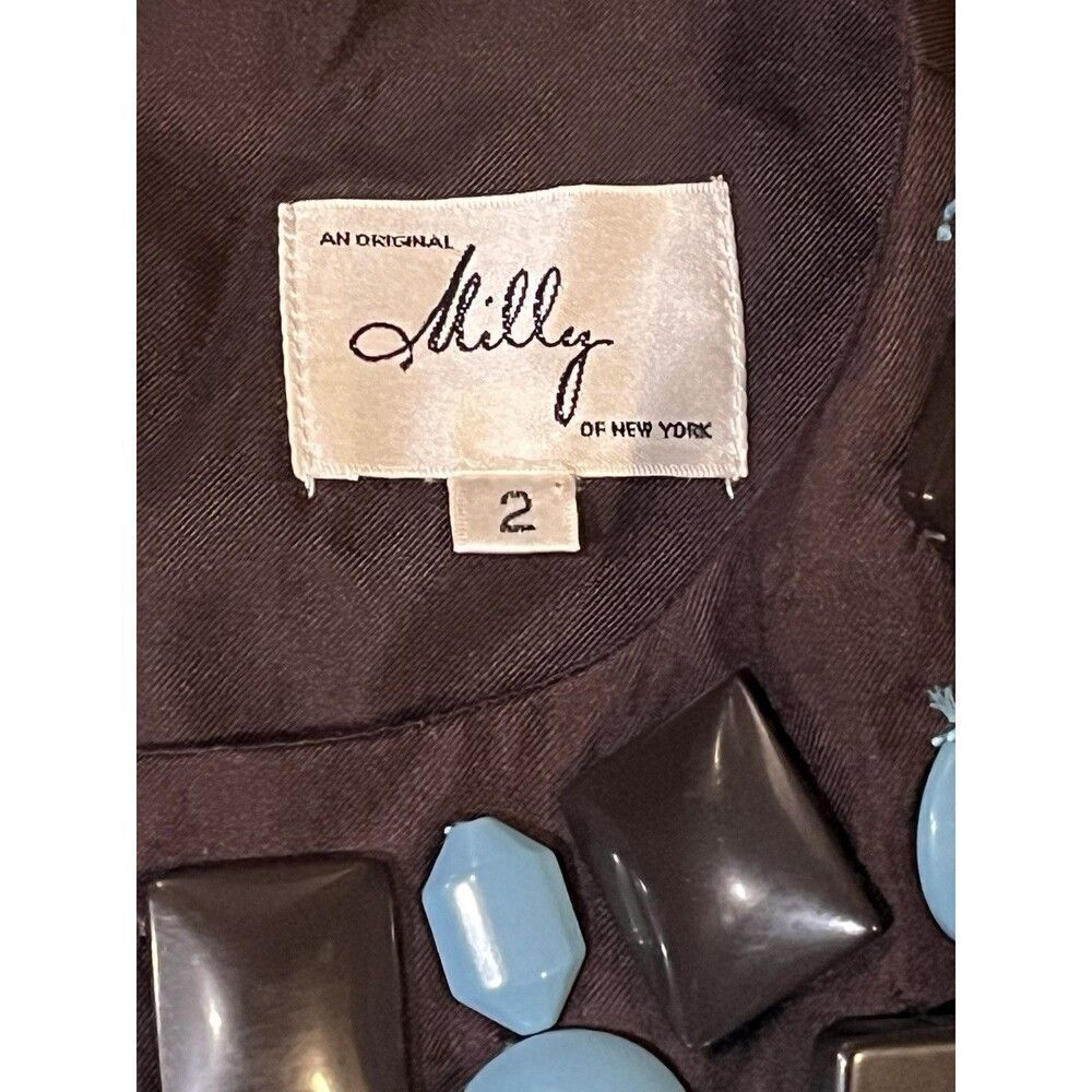 Milly of New York Silk Beaded Collar Shift Mod Dress Size 2 Turquoise Brown - Picture 5 of 7